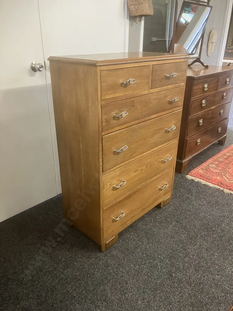 Vintage Oak 6 Drawer Tallboy With Original Handles. H114 W82 D39cm Image 1++