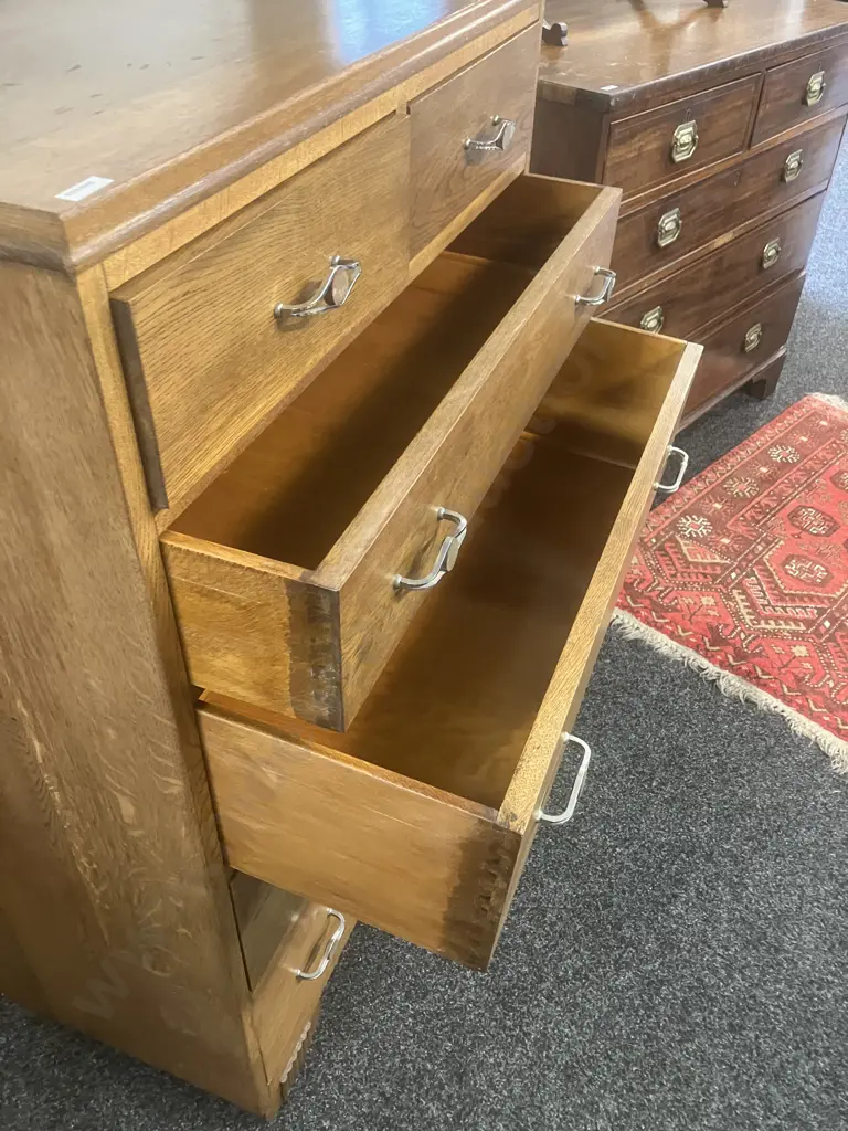 Vintage Oak 6 Drawer Tallboy With Original Handles. H114 W82 D39cm Image 1++