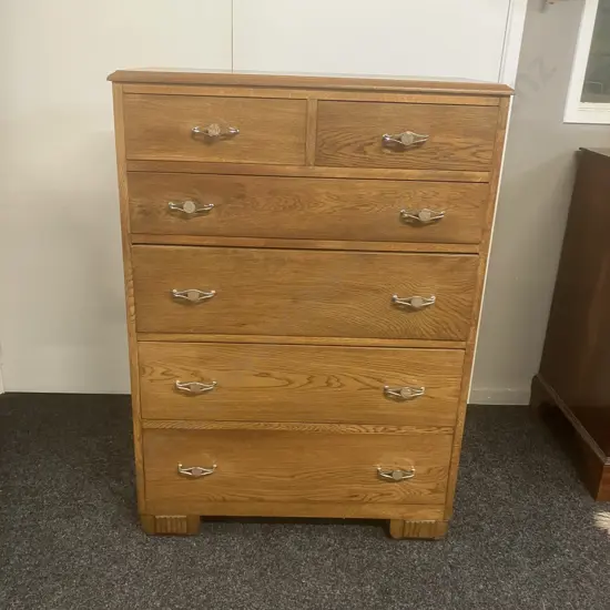 Vintage Oak 6 Drawer Tallboy With Original Handles. H114 W82 D39cm