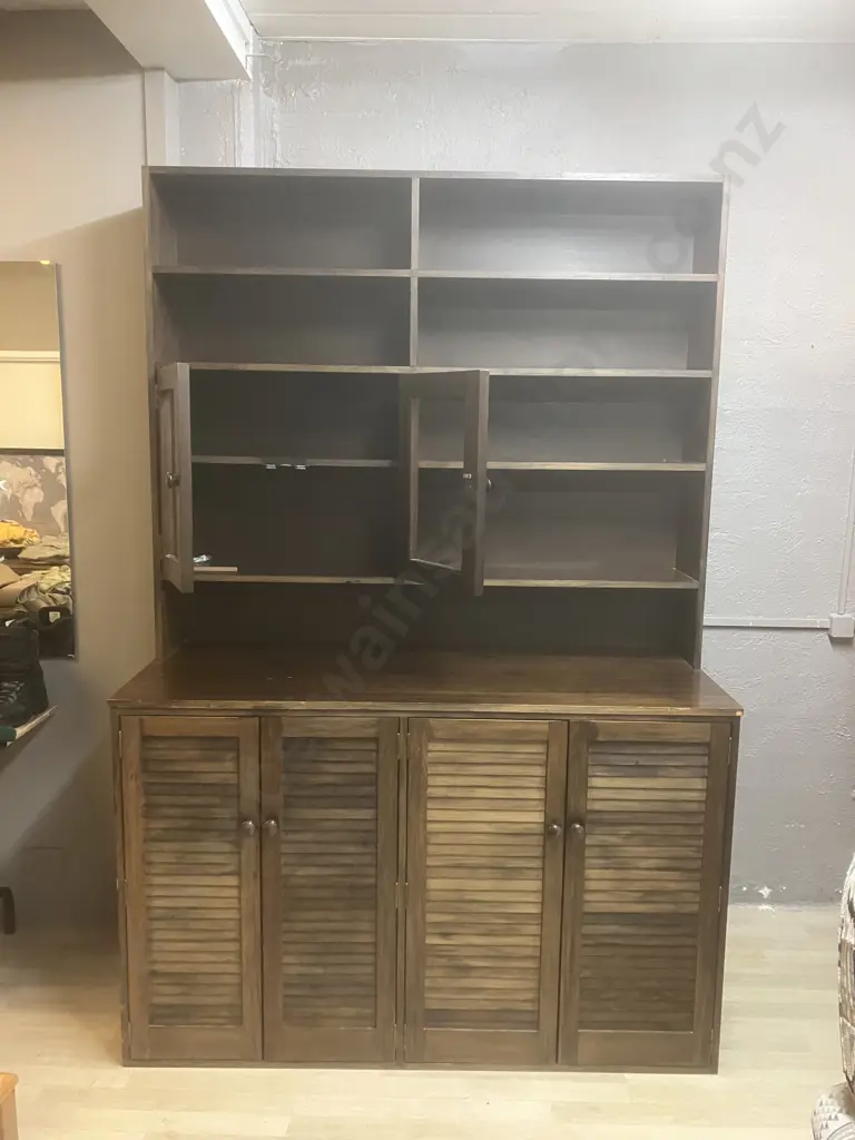 Vintage Pine Wall Unit Bookcase, 4 Louvre Doors In Base, Glass Door & Shelves, 2 Piece. H229 W154 D62cm Image 1++