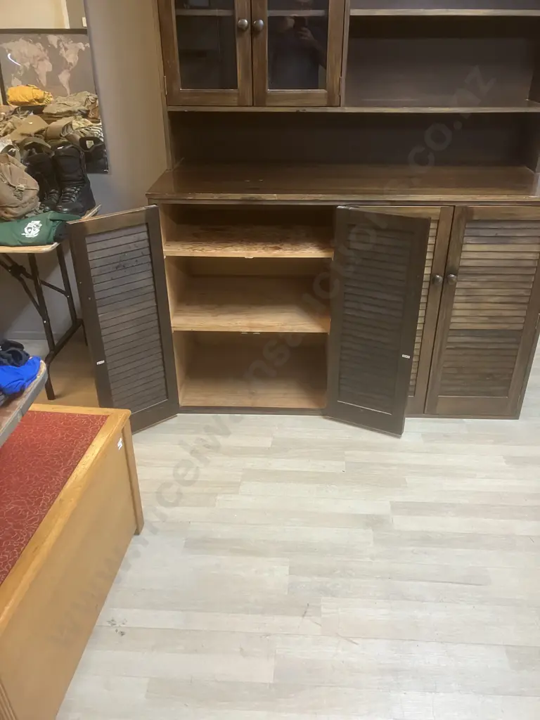 Vintage Pine Wall Unit Bookcase, 4 Louvre Doors In Base, Glass Door & Shelves, 2 Piece. H229 W154 D62cm Image 1++