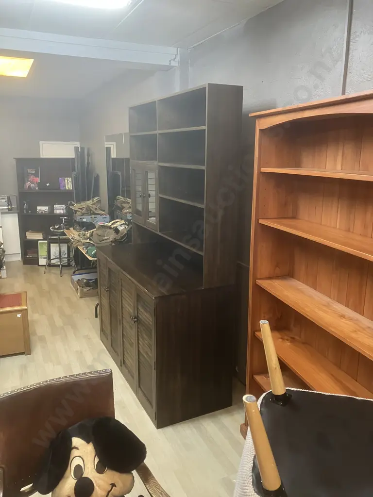 Vintage Pine Wall Unit Bookcase, 4 Louvre Doors In Base, Glass Door & Shelves, 2 Piece. H229 W154 D62cm Image 1++