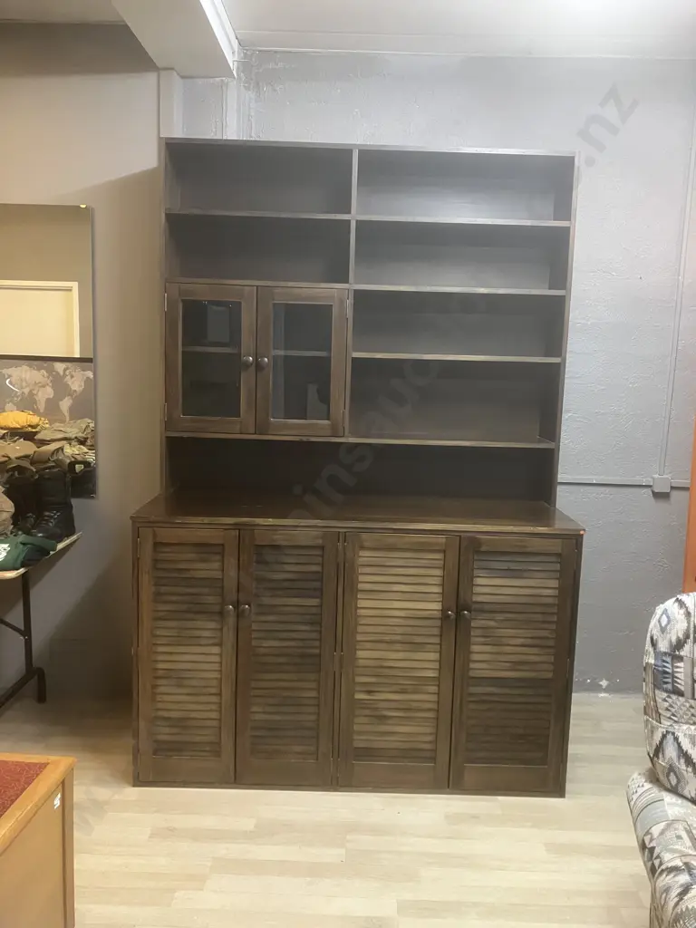 Vintage Pine Wall Unit Bookcase, 4 Louvre Doors In Base, Glass Door & Shelves, 2 Piece. H229 W154 D62cm Image 1++
