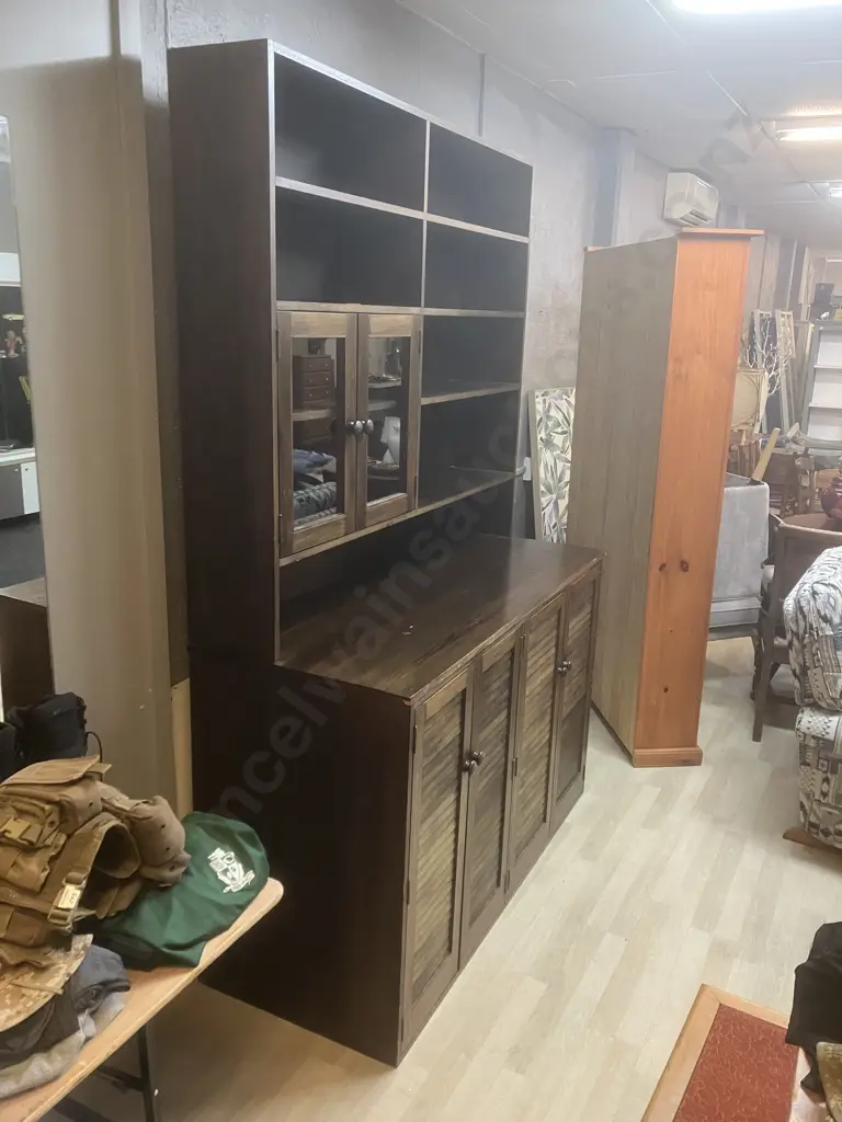 Vintage Pine Wall Unit Bookcase, 4 Louvre Doors In Base, Glass Door & Shelves, 2 Piece. H229 W154 D62cm Image 1++