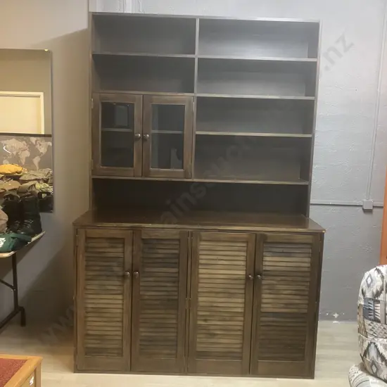 Vintage Pine Wall Unit Bookcase, 4 Louvre Doors In Base, Glass Door & Shelves, 2 Piece. H229 W154 D62cm