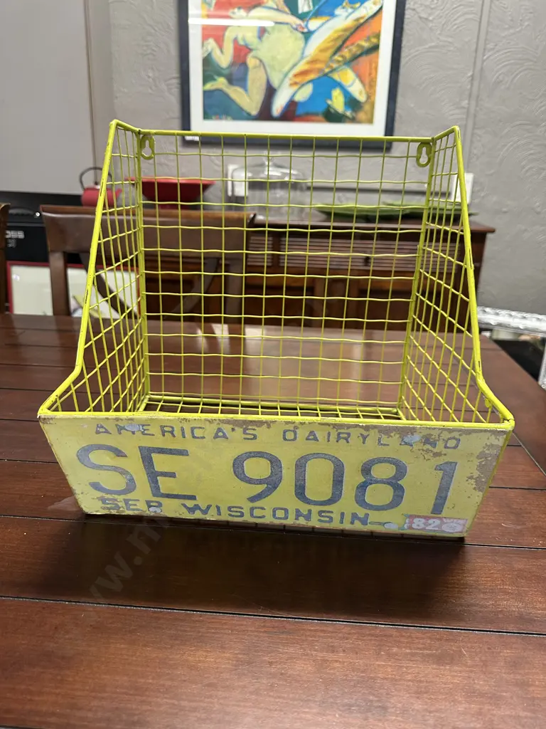 Collectable Wall Hung Wire Storage Basket Featuring Repurposed License Plate From1982 "Americas Dairyland" Image 1++