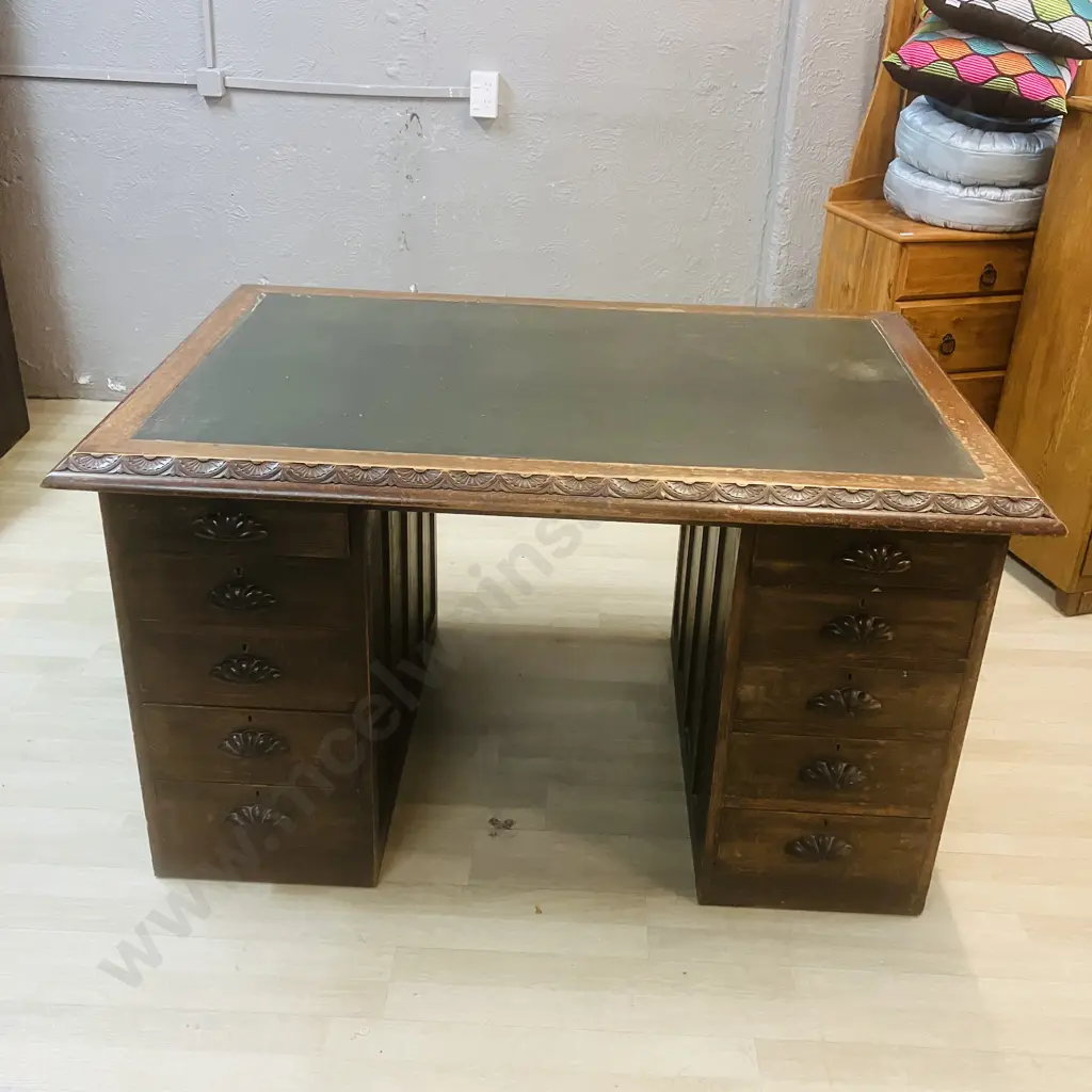 Victorian Oak Double Pedestal Partners Desk, Black Inlaid Top. 10 Drawers, Wooden Shell Drawer Pulls. H77 W140 D94cm Image 1++