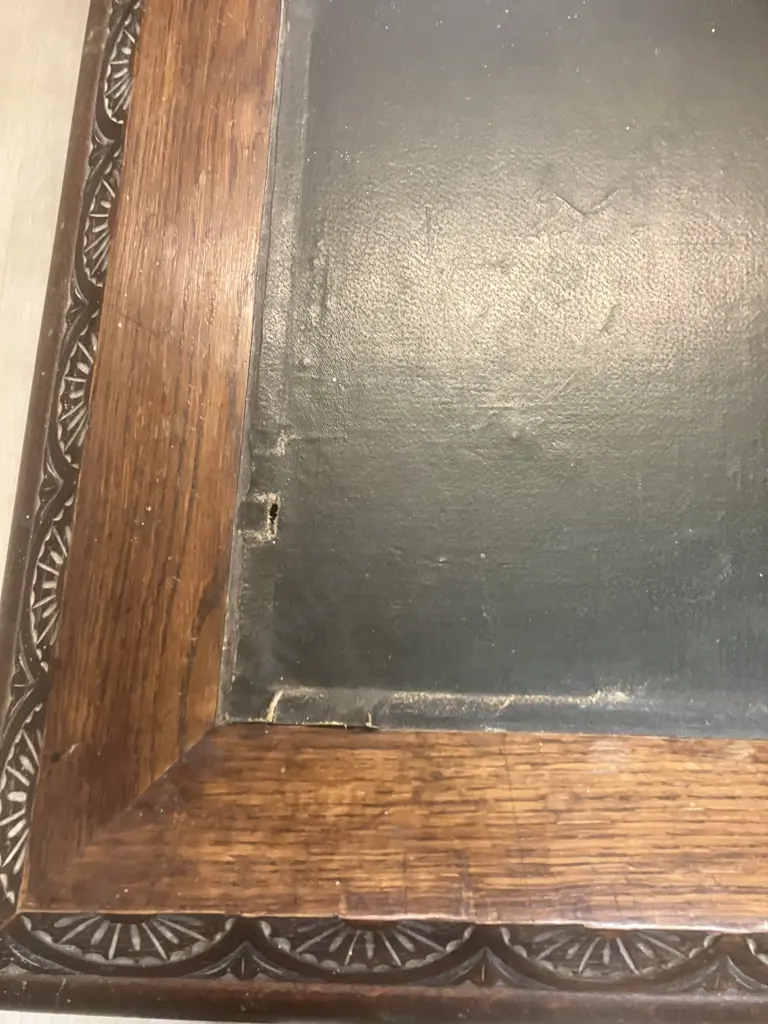 Victorian Oak Double Pedestal Partners Desk, Black Inlaid Top. 10 Drawers, Wooden Shell Drawer Pulls. H77 W140 D94cm Image 1++