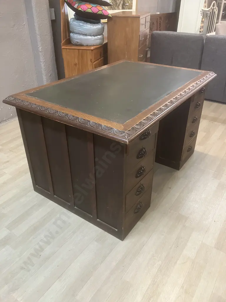 Victorian Oak Double Pedestal Partners Desk, Black Inlaid Top. 10 Drawers, Wooden Shell Drawer Pulls. H77 W140 D94cm Image 1++