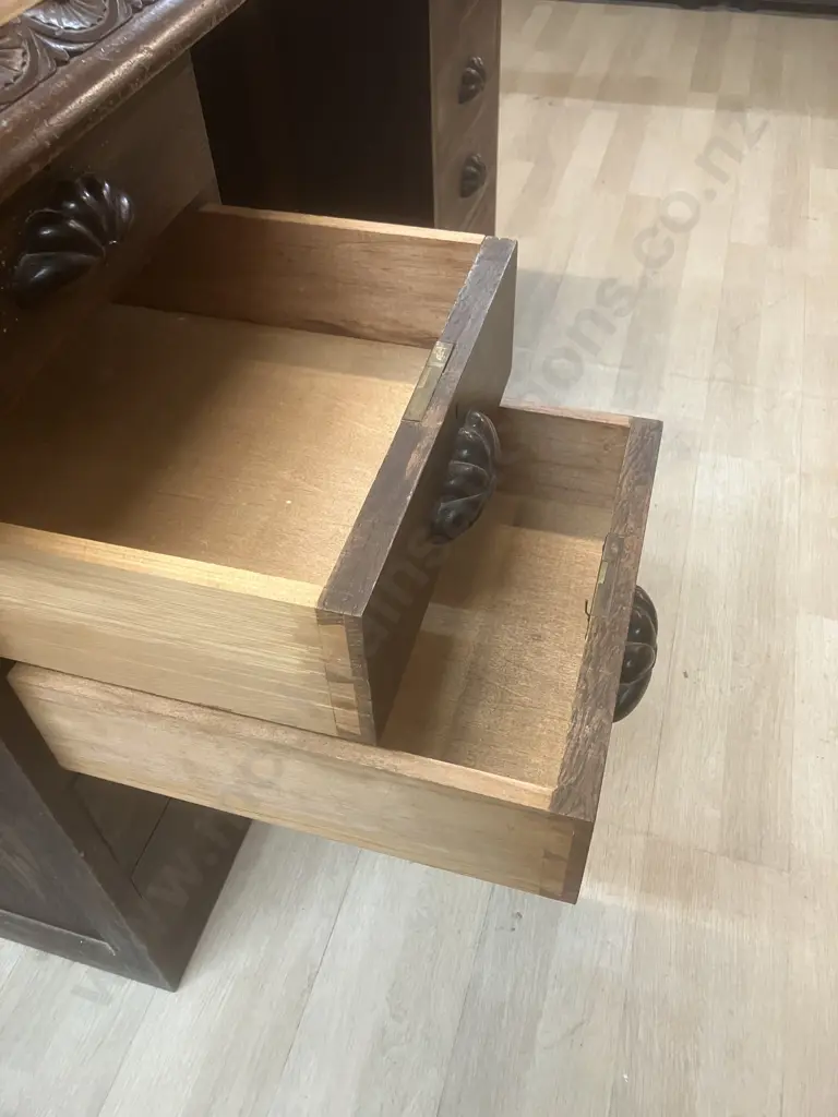 Victorian Oak Double Pedestal Partners Desk, Black Inlaid Top. 10 Drawers, Wooden Shell Drawer Pulls. H77 W140 D94cm Image 1++