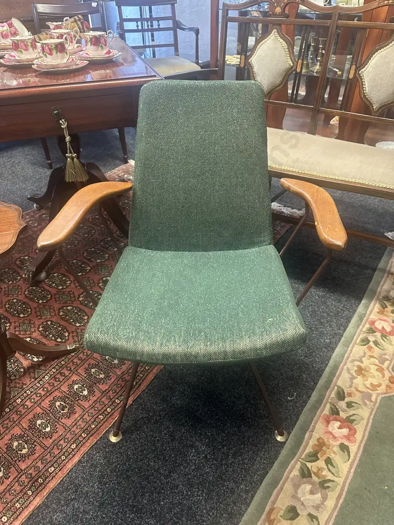 Mid-Century Green Upholstered Arm Chair With Mahogany Arms Image 1++