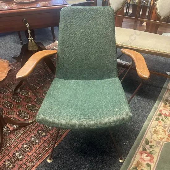 Mid-Century Green Upholstered Arm Chair With Mahogany Arms