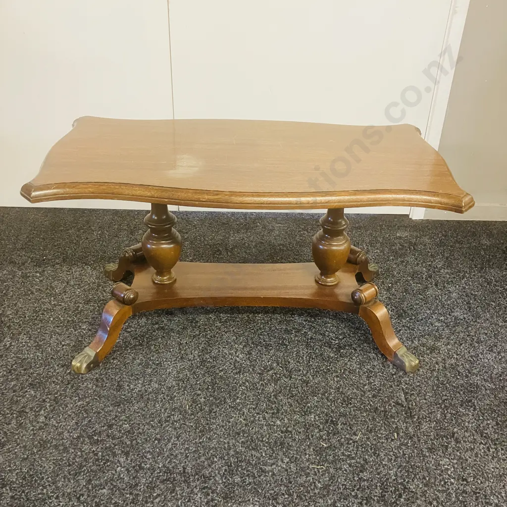 Oak Coffee Table With Shield Shaped Top, Double Pedestal With Brass Paw Feet (Top Split). H46 W89 D46cm Image 1++