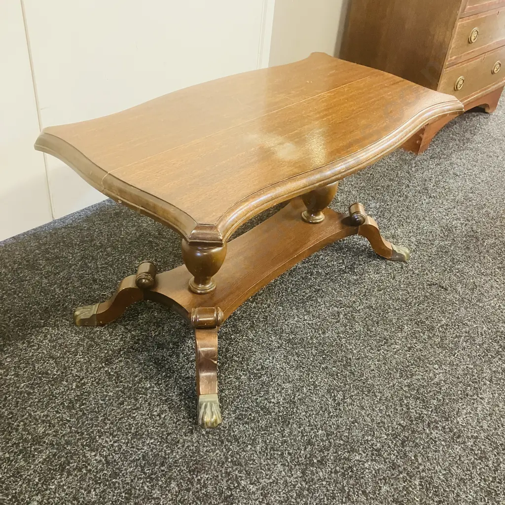 Oak Coffee Table With Shield Shaped Top, Double Pedestal With Brass Paw Feet (Top Split). H46 W89 D46cm Image 1++