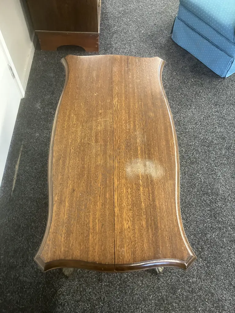 Oak Coffee Table With Shield Shaped Top, Double Pedestal With Brass Paw Feet (Top Split). H46 W89 D46cm Image 1++