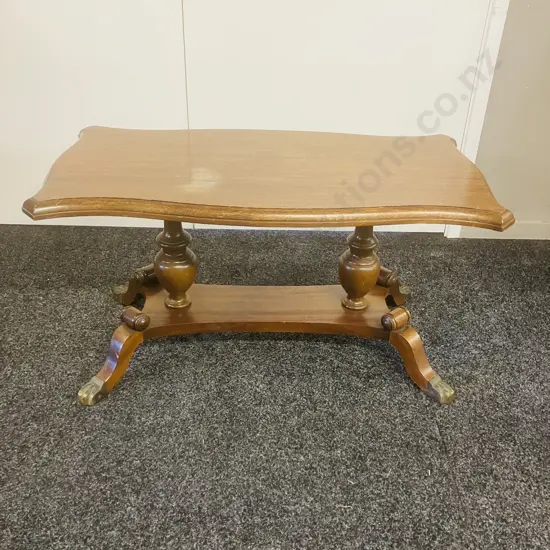 Oak Coffee Table With Shield Shaped Top, Double Pedestal With Brass Paw Feet (Top Split). H46 W89 D46cm