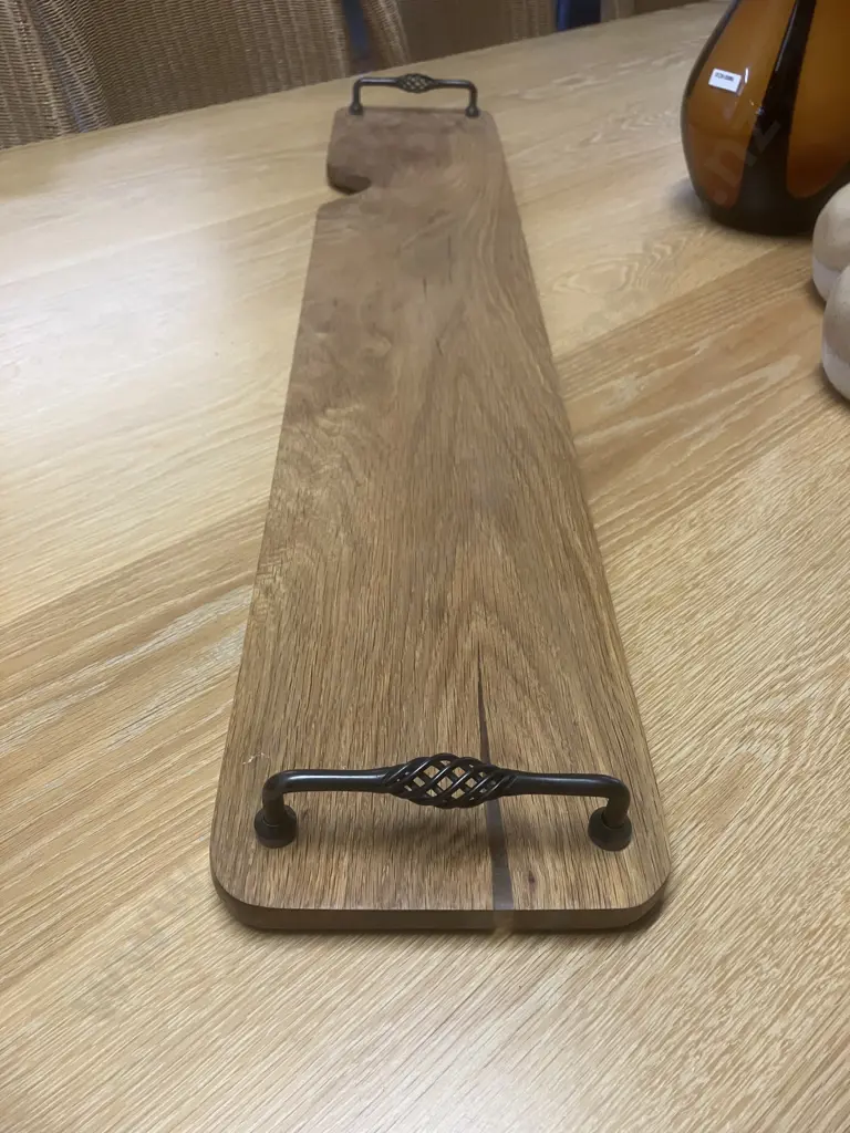 Xtra Long American White Oak Charcuterie Board With Metal Cage Pull Handles, 96 x 17.5cm Serving Tray Image 1++