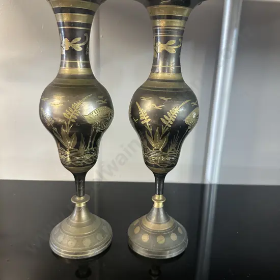 Pair Of Brass Vases With Intricate Etched Designs Hand Crafted In India