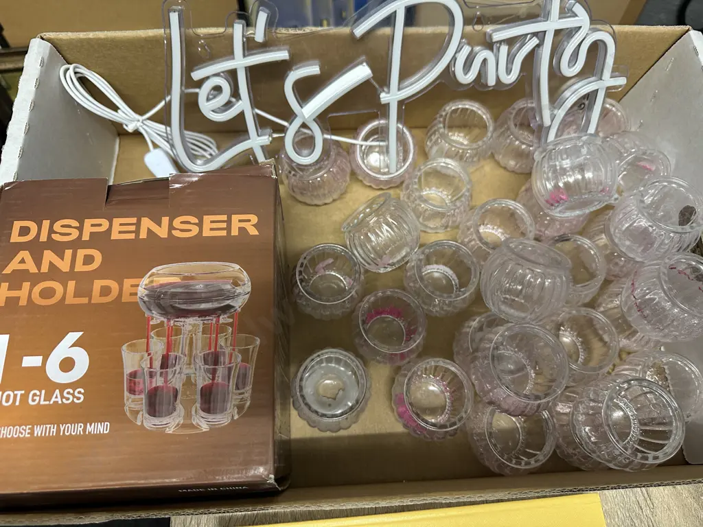 Glass Tea Light Candle Holders, Lets Party Sign & Shot Dispenser Image 1++