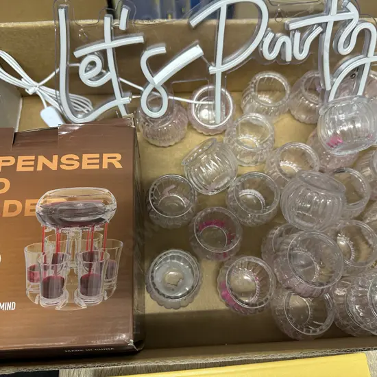 Glass Tea Light Candle Holders, Lets Party Sign & Shot Dispenser