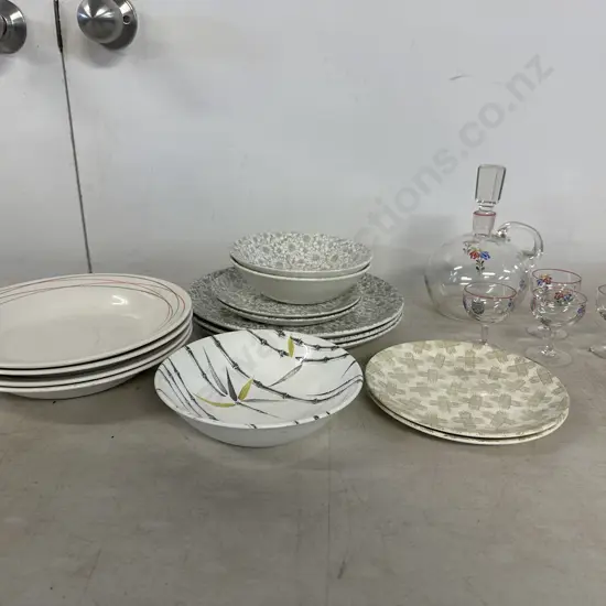 Assorted Vintage Crown Lynn Ware & Decanter & Four Sherry Glasses