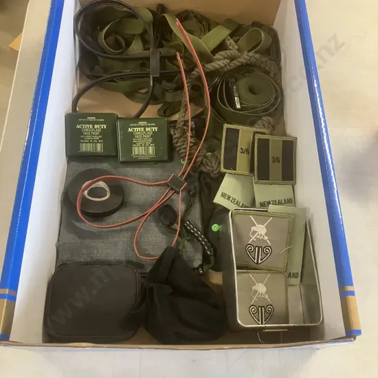 Box Lot Of Sundries Including Patches, Camouflage Face Paint Etc