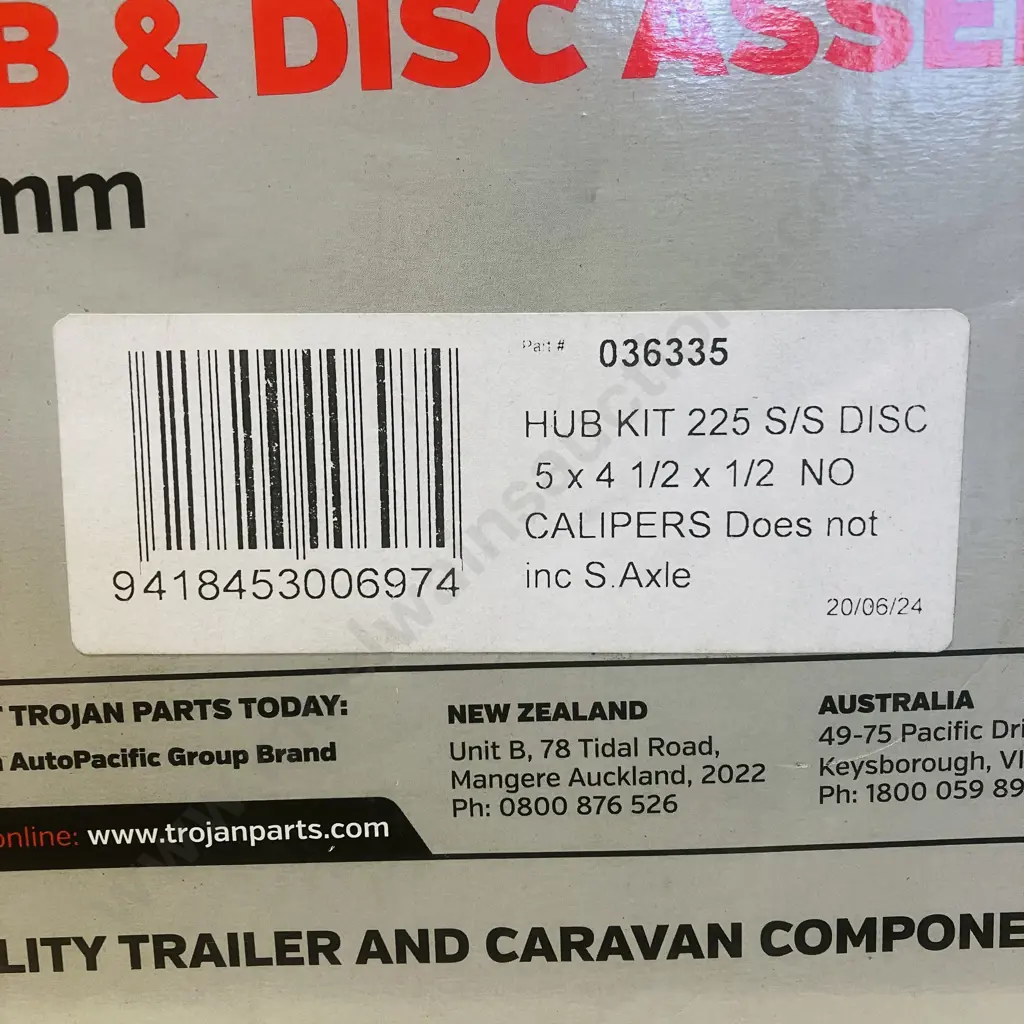 Trojan Hub & Disc Assemblies 225mm (Hub Kit 225 S/S Disc 5 x 4 1/2 x 1/2 No Calipers, Does Not Include S Axle) Image 1++