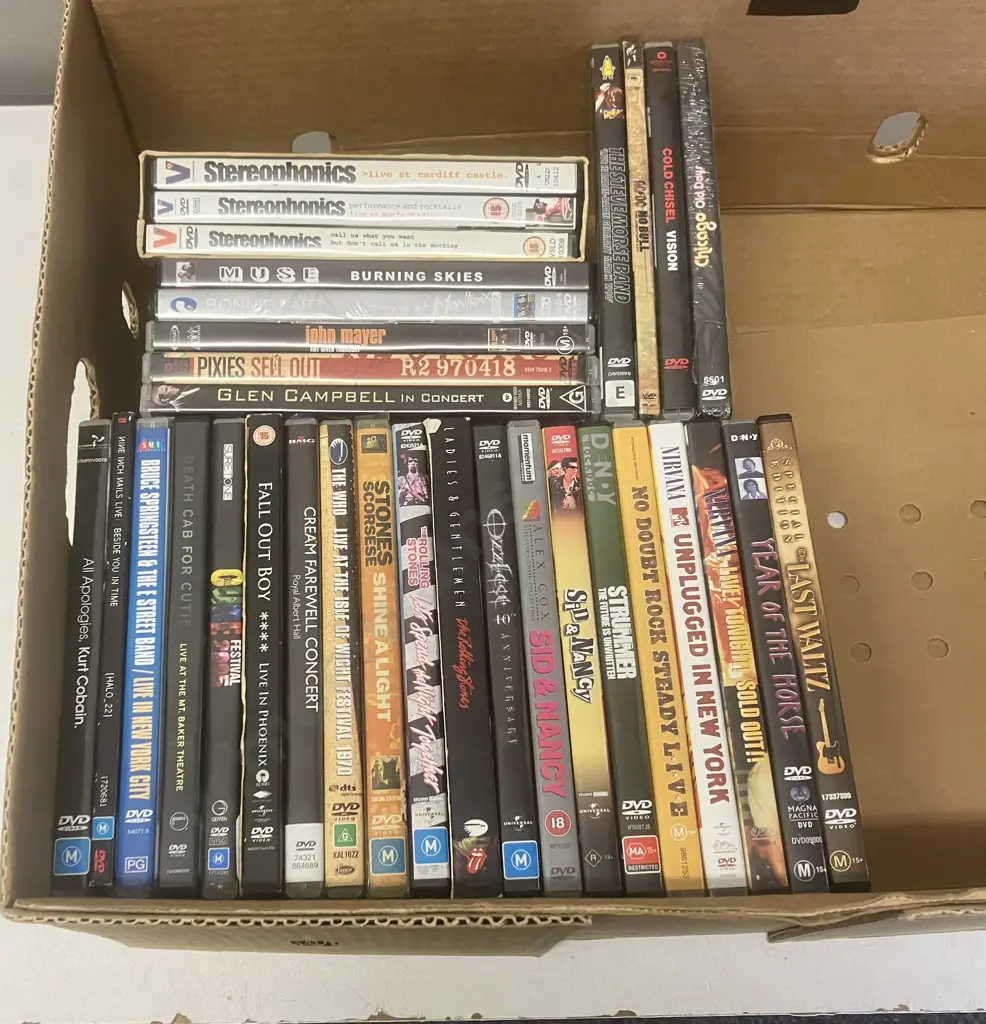 Music DVDs x 32 - Rolling Stones, Sid & Nancy Etc Image 1++