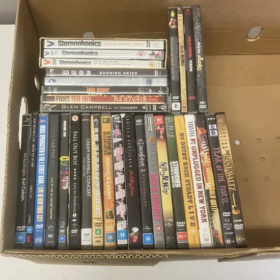 Music DVDs x 32 - Rolling Stones, Sid & Nancy Etc