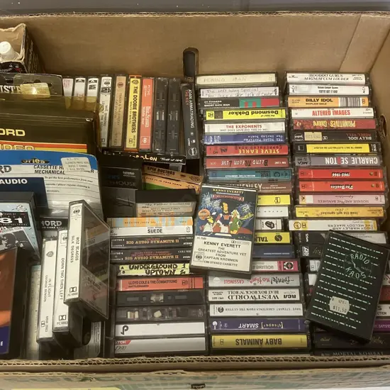 Box lot Assorted Music Cassettes & Cleaners Etc