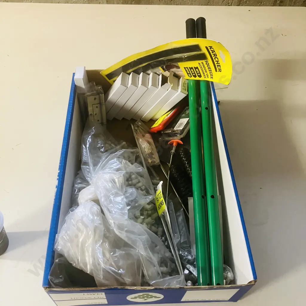 Box Of Sundries Including Hinges, Clock Weights Etc Image 1++