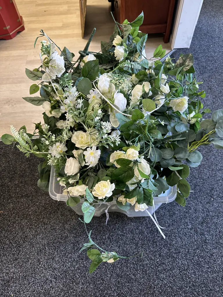 Clear Bin Of Assorted Faux Greenery & Flowers Image 1++