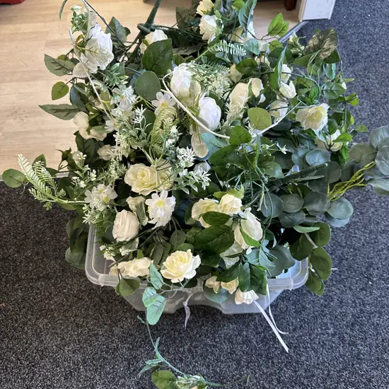 Clear Bin Of Assorted Faux Greenery & Flowers