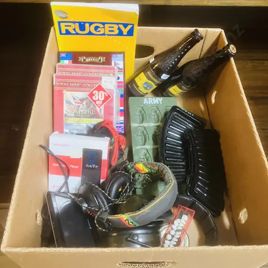 Box lot Ice Shape Trays, Bottles, Games Etc