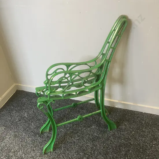 Pair of Cast Iron Park Bench Ends Painted Green. 68 x 48cm