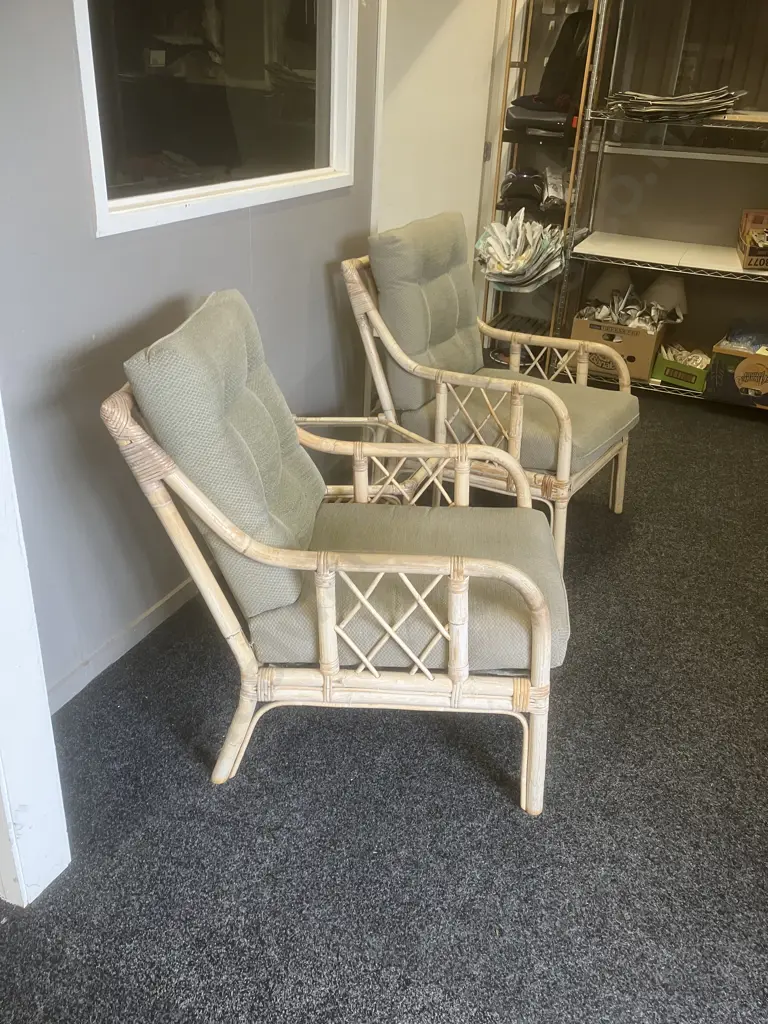 Pair of Cane Lounge Chairs, Sprung Base, With Hexagonal Glass Topped Cane Coffee Table Image 1++