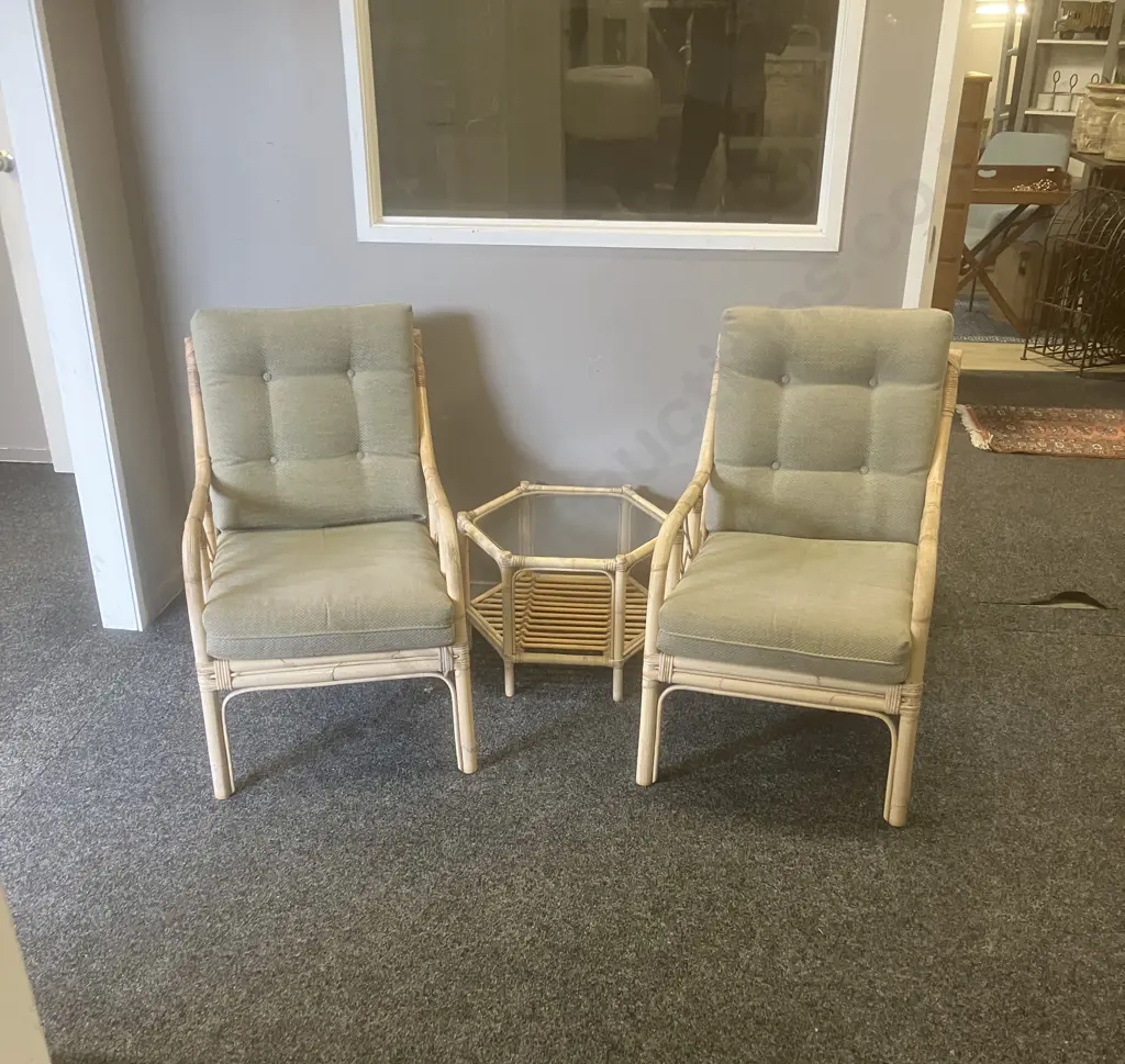 Pair of Cane Lounge Chairs, Sprung Base, With Hexagonal Glass Topped Cane Coffee Table Image 1++