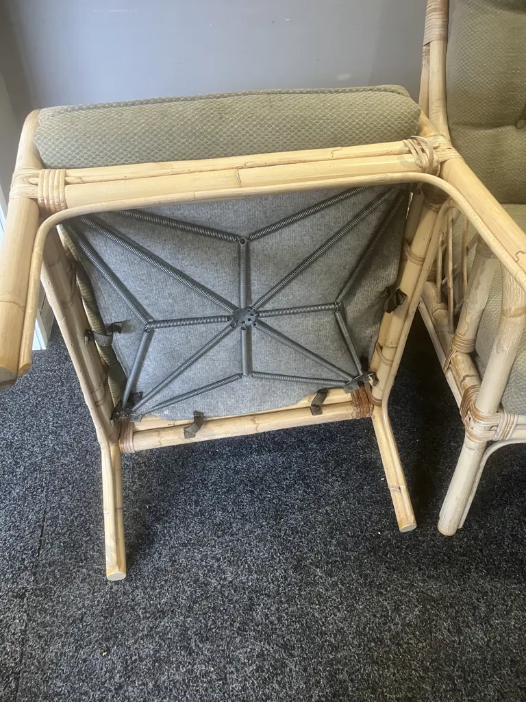 Pair of Cane Lounge Chairs, Sprung Base, With Hexagonal Glass Topped Cane Coffee Table Image 1++