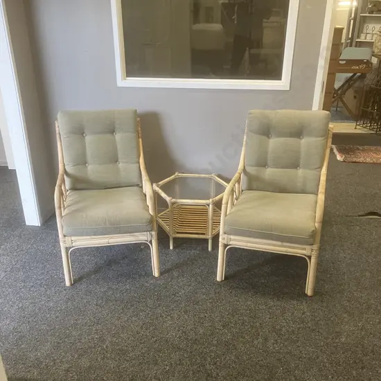Pair of Cane Lounge Chairs, Sprung Base, With Hexagonal Glass Topped Cane Coffee Table