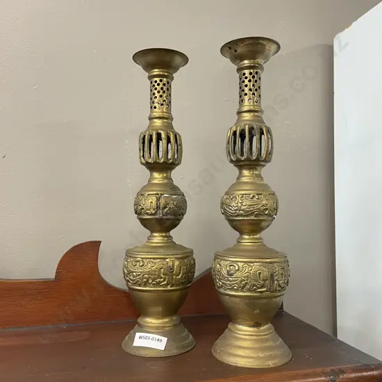 Pair Vintage Ornate Brass Candlesticks. H28.5cm