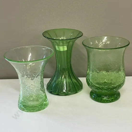Two Lime Crackle Art Glass Vases with one other. H16, 15, 14cm