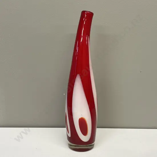 Stunning Art Glass Vase. Red with white interior and swirl pattern. H36cm