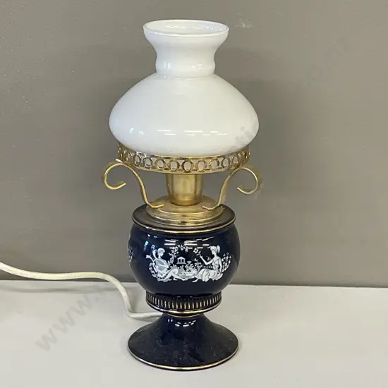 Italian Table Lamp. Lovers Scene on cobalt blue ground. White Glass shade.