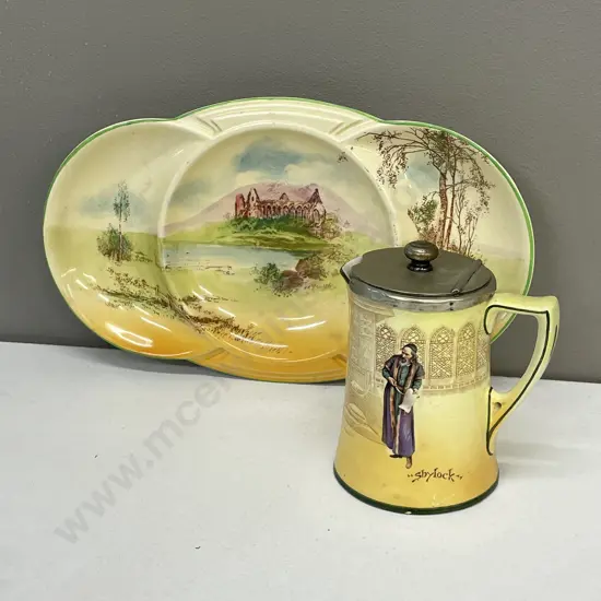 Royal Doulton segmented Abbey/Castle dish with Shylock jug with silver plated lid