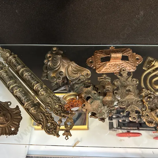 Box of Assorted Antique Brass Door handles, door plates etc