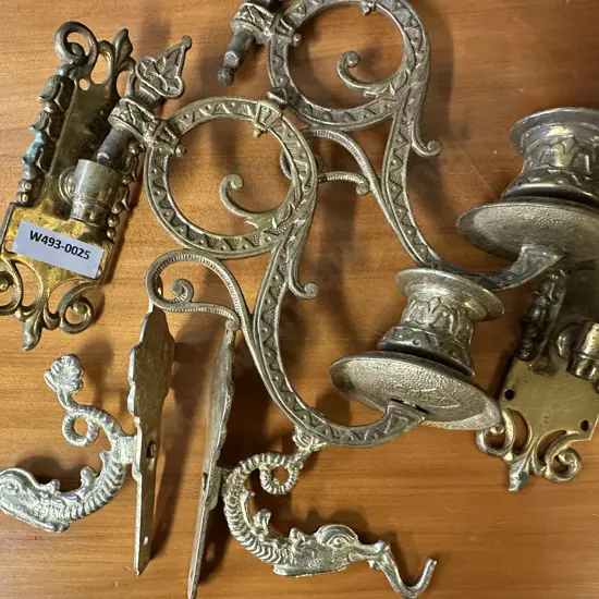 Pair Of Antique Brass Candle Sconces with Pair Of Wall Hooks with fish detail