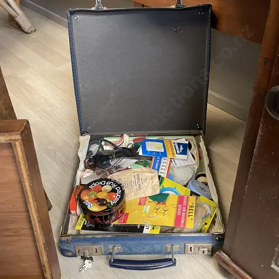 Vintage Square Case with keys. Filled with vintage sewing items