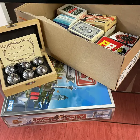 As New Monopoly Game, boxed Petanque set, playing cards etc