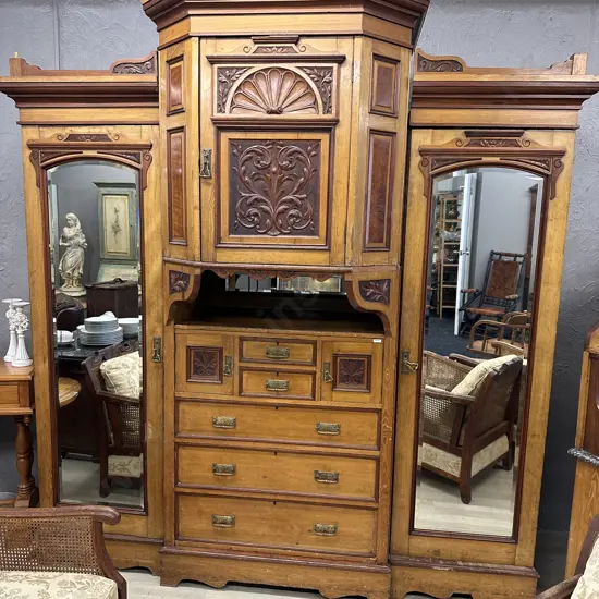 Impressive Antique Victorian Oak & Mahogany Breakfront Princess Wardrobe H260 W220 D77cm