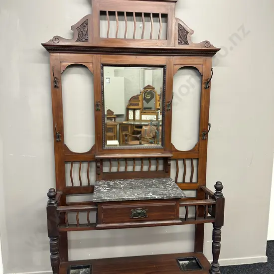 Antique Hall Stand, Mirrored & Marble Top, Steel Hooks, Bevelled Mirror, (AF) H240 W120 D35cm